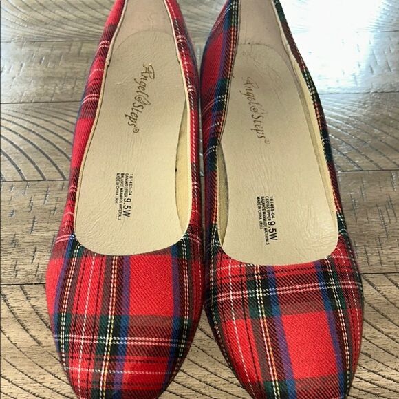 Red Stewart Tartan Modest Heels 👠 👠 with Rounded Toe Durable Canvas Fabric 9.5 W - Picture 3 of 17